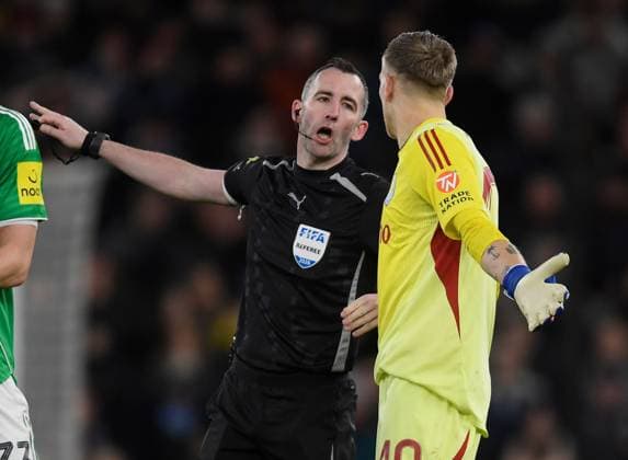 Referee Chris Kavanagh tells Marco Bizot of Aston Villa to leave the field after showing him a red card Aston Villa v Newcastle United, Emirates FA Cup, Fourth Round, Football, Villa Park, Birmingham, UK - 14 Feb 2026Birmingham Villa Park United Kingdom EDITORIAL USE ONLY No use with unauthorised audio, video, data, fixture lists, club league logos or live services. Online in-match use limited to 120 images, no video emulation. No use in betting, games or single club league player publications. Copyright: xAlanxWalter Shutterstockx 16608496bg