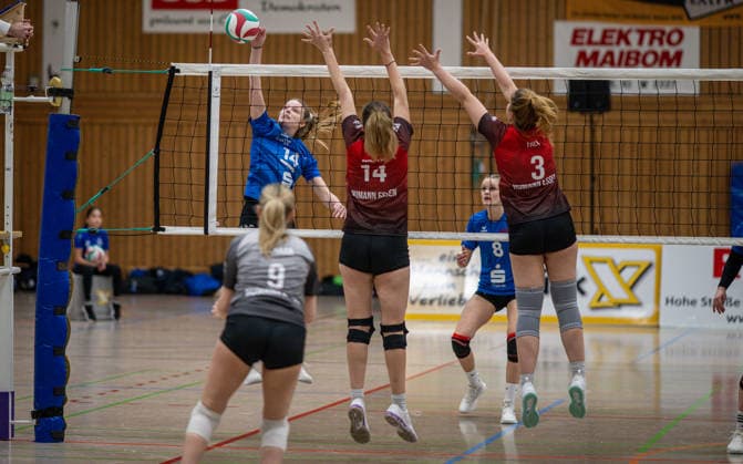 Volleyball, Season 2025 2026, Third League West, 14 02 2026, Matchday 16, Women, BW Dingden blue vs VV Humann Essen red f l Andrea Harbring BW Dingden , Vivian Gelhaar Libera VV Humann Essen , Lisa Mueller VV Humann Essen , Janne Epping BW Dingden , Ina Falk VV Humann Essen , Hamminkeln Sporthalle am Mumbeckerbach Nordrhein Westfalen Germany 260214_vb-d_bw-dingden_humann-essen_49450