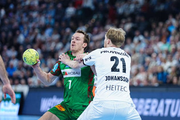 Felix Claar SC Magdeburg, 07 , Eric Johansson THW Kiel, 21 GER, THW Kiel vs SC Magdeburg, Handball, 1 Bundesliga, Matchday 21, Season 2025 2026, 15 02 2026 GER, THW Kiel vs SC Magdeburg, Handball, 1 Bundesliga, Matchday 21, Season 2025 2026, 15 02 2026 Kiel Copyright: xEibner-Pressefoto MarcelxvonxFehrnx EP_MFN