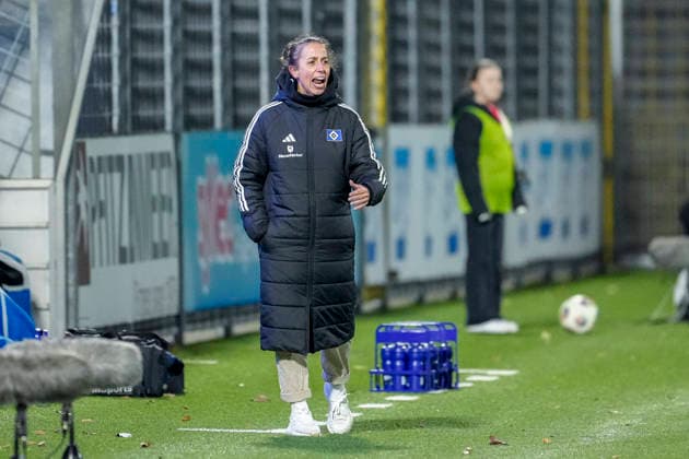 Liese Brancao Lis, Coach, HSV , gives instructions, gestures, gesticulates with arms, cropped image, full body, single image, single photo, action, action, 15 02 2026, Sinsheim Hoffenheim Germany , Football, Google Pixel Women Bundesliga, TSG 1899 Hoffenheim Hamburger SV, DFB DFL REGULATIONS PROHIBIT ANY USE OF PHOTOGRAPHS AS IMAGE SEQUENCES AND OR QUASI VIDEO xozx