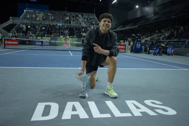 February 15, 2026, Frisco, Texas, USA: BEN SHELTON (USA) poses with the Dallas Open trophy during a menâ€⠢s singles final match at the 2026 Nexo Dallas Open at The Ford Center at The Star in Frisco, Texas. Ben Shelton won the Dallas Open singles title after defeating Taylor Fritz, 3:6, 6:3, 7:5. Tennis 2026: Dallas Open: Shelton. 3:6, 6:3, 7:5 Fritz - ZUMAh193 20260215_zsp_h193_032 Copyright: xDanielxMcGregor-Huyerx