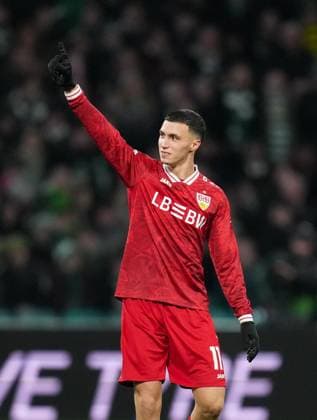 Bilal El Khannouss of Stuttgart celebrates scoring his 2nd goal of the game to give Stuttgart a 1-2 lead. Celtic v Stuttgart, UEFA Europa League, Knockout Round Play Offs, First Leg, Football, Celtic Park, Glasgow, Scotland, UK - 19 Feb 2026Glasgow Celtic Park Scotland United Kingdom EDITORIAL USE ONLY No use with unauthorised audio, video, data, fixture lists, club league logos or live services. Online in-match use limited to 120 images, no video emulation. No use in betting, games or single club league player publications. Copyright: xStuartxWallace Shutterstockx 16674319as