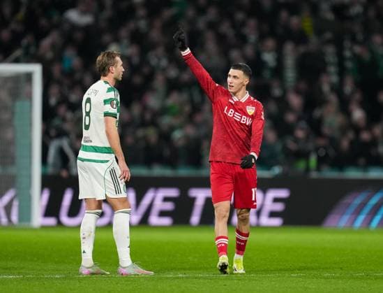 Bilal El Khannouss of Stuttgart celebrates scoring his 2nd goal of the game to give Stuttgart a 1-2 lead, with Celtic s goalscorer Benjamin Nygren of Celtic, left. Celtic v Stuttgart, UEFA Europa League, Knockout Round Play Offs, First Leg, Football, Celtic Park, Glasgow, Scotland, UK - 19 Feb 2026Glasgow Celtic Park Scotland United Kingdom EDITORIAL USE ONLY No use with unauthorised audio, video, data, fixture lists, club league logos or live services. Online in-match use limited to 120 images, no video emulation. No use in betting, games or single club league player publications. Copyright: xStuartxWallace Shutterstockx 16674319au