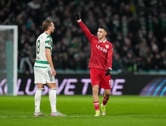 Bilal El Khannouss of Stuttgart celebrates scoring his 2nd goal of the game to give Stuttgart a 1-2 lead, with Celtic s goalscorer Benjamin Nygren of Celtic, left. Celtic v Stuttgart, UEFA Europa League, Knockout Round Play Offs, First Leg, Football, Celtic Park, Glasgow, Scotland, UK - 19 Feb 2026Glasgow Celtic Park Scotland United Kingdom EDITORIAL USE ONLY No use with unauthorised audio, video, data, fixture lists, club league logos or live services. Online in-match use limited to 120 images, no video emulation. No use in betting, games or single club league player publications. Copyright: xStuartxWallace Shutterstockx 16674319aw
