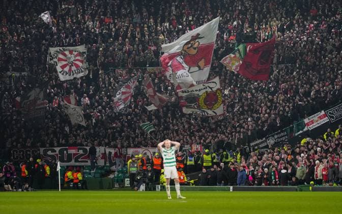 VFB Stuttgart fans. Celtic v Stuttgart, UEFA Europa League, Knockout Round Play Offs, First Leg, Football, Celtic Park, Glasgow, Scotland, UK - 19 Feb 2026Glasgow Celtic Park Scotland United Kingdom EDITORIAL USE ONLY No use with unauthorised audio, video, data, fixture lists, club league logos or live services. Online in-match use limited to 120 images, no video emulation. No use in betting, games or single club league player publications. Copyright: xStuartxWallace Shutterstockx 16674319bx