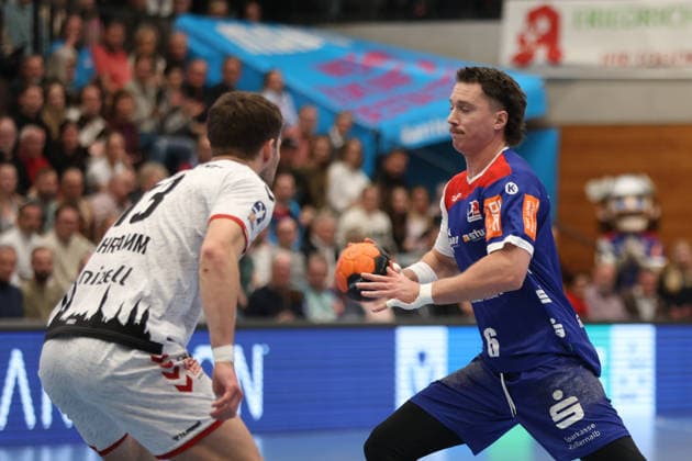 duel, duel, fight, tackle, duel, duel, fight, tackle Ole Schramm VfL Lübeck Schwartau, 13 Mex Raguse HBW Balingen Weilstetten, 06 HBW Balingen Weilstetten VFL Luebeck Schwartau, Handball 2 Bundesliga, Matchday 20, Season 2025 2026, 20 02 26 HBW Balingen Weilstetten VFL Luebeck Schwartau, Handball 2 Bundesliga, Matchday 20, Season 2025 2026, 20 02 26 Balingen Copyright: xEibner-Pressefoto KirstenxThiemax