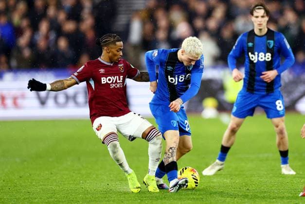 Crysencio Summerville of West Ham United and Alex Jimenez of AFC Bournemouth. West Ham United v AFC Bournemouth, Premier League, Football, London Stadium, London, UK - 21 Feb 2026London London Stadium United Kingdom EDITORIAL USE ONLY No use with unauthorised audio, video, data, fixture lists, club league logos or live services. Online in-match use limited to 120 images, no video emulation. No use in betting, games or single club league player publications. Copyright: xJamesxMarsh Shutterstockx 16681538by