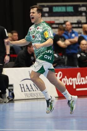 GER, 1 DAIKIN HBL, Bergischer HC vs Fuechse Berlin 22 02 2026, Mitsubishi Electric HALLE, Duesseldorf, GER, 1 DAIKIN HBL, Bergischer HC vs Fuechse Berlin , pictured Goal celebration jubilation, Tim Freihöfer Fuechse Berlin 20 , nordphotoxGmBHx xMeuter nph00351