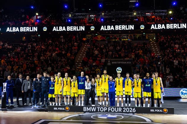 GER, BMW Top Four, Basketball BBL Pokal, Final, BMA365 Bamberg Baskets ALBA Berlin 22 02 2026, SAP Garden, Munich, GER, BMW Top Four, Basketball BBL Pokal, Final, BMA365 Bamberg Baskets ALBA Berlin 2 Place for ALBA Berlin Photo Alexander Trienitz Munich SAP Garden Bayern Germany