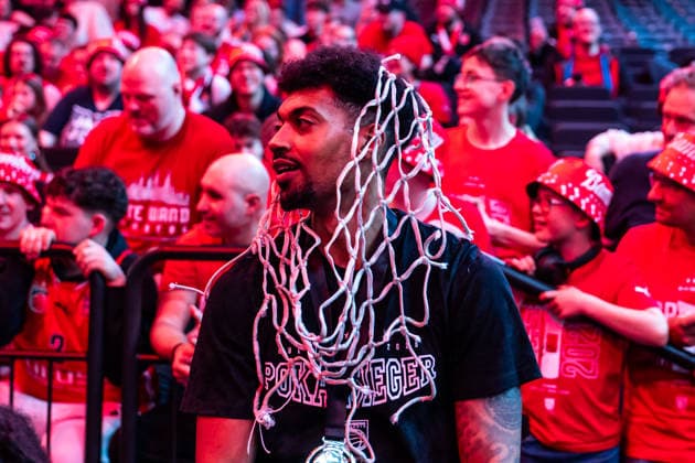 GER, BMW Top Four, Basketball BBL Pokal, Final, BMA365 Bamberg Baskets ALBA Berlin 22 02 2026, SAP Garden, Munich, GER, BMW Top Four, Basketball BBL Pokal, Final, BMA365 Bamberg Baskets ALBA Berlin Ibi Watson BMA365 Bamberg Baskets, 2 with the net Photo Alexander Trienitz Munich SAP Garden Bayern Germany