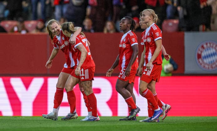 GER, Munich, FC Bayern Munich vs Vfl Wolfsburg, Google Pixel Womens Bundesliga, Football, DFB, Season 2025 2026, FC Bayern Campus, 19 Matchday in picture v l Glodis Perla Viggosdottir Bayern Munich 4 , Georgia Stanway Bayern Munich Women 31 , Joy and emotions after the victory DFB DFL REGULATIONS PROHIBIT ANY USE OF PHOTOGRAPHS AS IMAGE SEQUENCES AND OR QUASI VIDEO, 22 02 2026 Copyright: HMBxMedia HendrikxHamelau