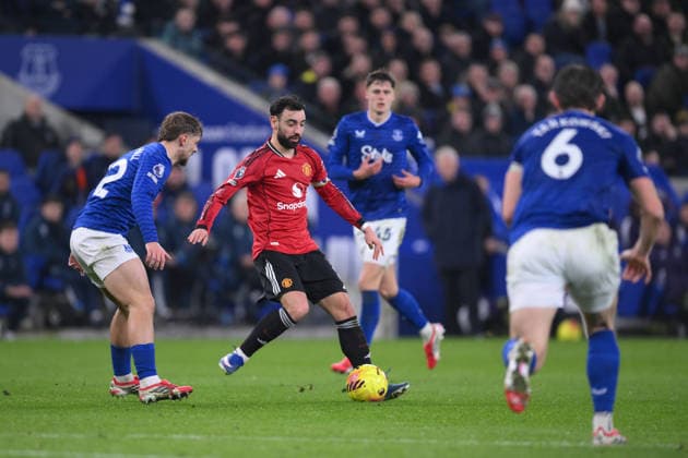Kiernan Dewsbury-Hall of Everton and Bruno Fernandes of Manchester United, ManU in action - Everton v Manchester United, Premier League, Hill Dickinson Stadium, Liverpool, UK, Football - 23rd February 2026 Everton v Manchester United, Premier League, Football, Hill Dickinson Stadium, Liverpool, UK - 23 Feb 2026Liverpool Hill Dickinson Stadium United Kingdom EDITORIAL USE ONLY No use with unauthorised audio, video, data, fixture lists, club league logos or live services. Online in-match use limited to 120 images, no video emulation. No use in betting, games or single club league player publications. Copyright: xMDI Shutterstockx 16687971bn