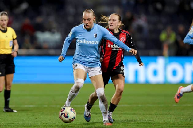 Tessa Blumenberg SC Freiburg and Lisanne Graewe Eintracht Frankfurt battle for the ball, Google Pixel Frauen Bundesliga, Eintracht Frankfurt v SC Freiburg, Stadion am Brentanobad, February 23, 2026 in Frankfurt, Germany Photo by Marco Steinbrenner DeFodi Images Tessa Blumenberg SC Freiburg and Lisanne Graewe Eintracht Frankfurt battle for the ball, Google Pixel Womens Bundesliga, Eintracht Frankfurt v SC Freiburg, Stadion am Brentanobad, February 23, 2026 in Frankfurt, Germany Photo by Marco Steinbrenner DeFodi Images DFB DFL REGULATIONS PROHIBIT ANY USE OF PHOTOGRAPHS AS IMAGE SEQUENCES AND OR QUASI VIDEO