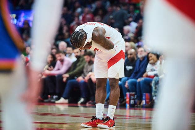 February 24, 2026, Toronto, On, Canada: Toronto Raptors Jamal Shead (23) reacts on a break in the play during first half NBA, Basketball Herren, USA basketball action against the Oklahoma City Thunder in Toronto, on Tuesday, Feb. 24, 2026. Canada News - February 24, 2026 - ZUMAc35_ 20260224_zaf_c35_099 Copyright: xSammyxKoganx