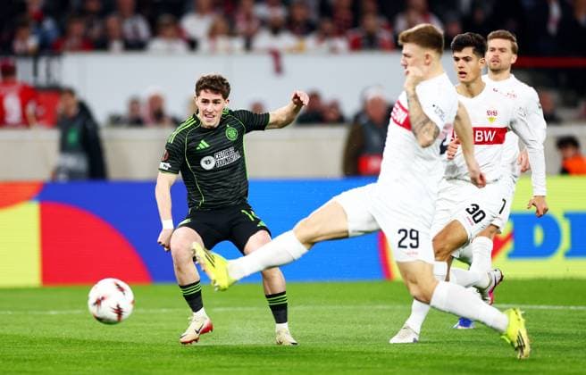 Luke McCowan of Celtic scores a goal to make the score 0-1. Stuttgart v Celtic, UEFA Europa League, Knockout Round Play Offs, Second Leg, Football, MHP Arena, Stuttgart, Germany - 26 Feb 2026Stuttgart MHP Arena Germany EDITORIAL USE ONLY No use with unauthorised audio, video, data, fixture lists, club league logos or live services. Online in-match use limited to 120 images, no video emulation. No use in betting, games or single club league player publications. Copyright: xJamesxMarsh Shutterstockx 16701577ca