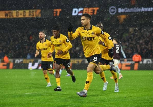 Joao Gomes of Wolverhampton Wanderers celebrates scoring the opening goal Wolverhampton Wanderers v Aston Villa, Premier League, Football, Molineux, Wolverhampton, UK - 27 Feb 2026Wolverhampton Molineux United Kingdom EDITORIAL USE ONLY No use with unauthorised audio, video, data, fixture lists, club league logos or live services. Online in-match use limited to 120 images, no video emulation. No use in betting, games or single club league player publications. Copyright: xMichaelxZemanek Shutterstockx 16701657w