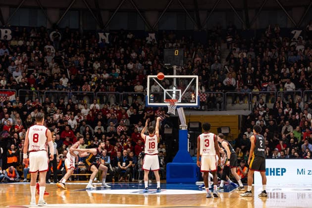 GER, FIBA Basketball World Cup 2027, European Qualifiers, Croatia Germany 27 02 2026, Drazen Petrovic Basketball Center, Zagreb, GER, FIBA Basketball World Cup 2027, European Qualifiers, Croatia Germany Roko Badzim Croatia, No18 during a free throw  Photo Alexander Trienitz Zagreb Drazen Petrovic Basketball Center Zagreb Croatia