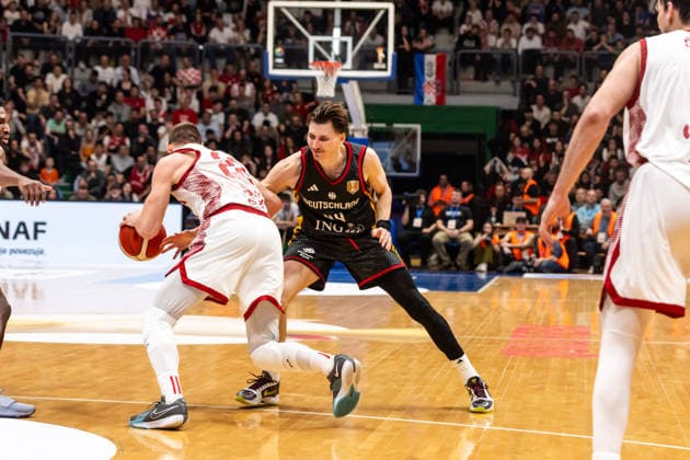GER, FIBA Basketball World Cup 2027, European Qualifiers, Croatia Germany 27 02 2026, Drazen Petrovic Basketball Center, Zagreb, GER, FIBA Basketball World Cup 2027, European Qualifiers, Croatia Germany Luka Bozic Croatia, No29 , David Krämer Germany, No44 Â Photo Alexander Trienitz Zagreb Drazen Petrovic Basketball Center Zagreb Croatia