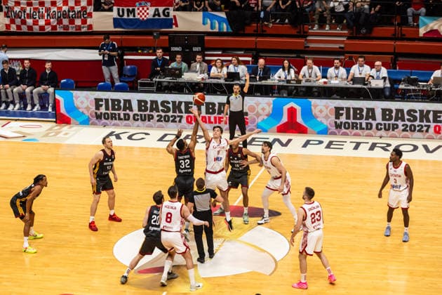 GER, FIBA Basketball World Cup 2027, European Qualifiers, Croatia Germany 27 02 2026, Drazen Petrovic Basketball Center, Zagreb, GER, FIBA Basketball World Cup 2027, European Qualifiers, Croatia Germany Tip off, Johannes Thiemann Germany, No 32 , Michael Ruzic Croatia, No13 Â Photo Alexander Trienitz Zagreb Drazen Petrovic Basketball Center Zagreb Croatia