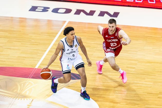 GER, FIBA Basketball World Cup 2027, European Qualifiers, Germany Croatia 01 03 2026, Telekom Dome, Bonn, GER, FIBA Basketball World Cup 2027, European Qualifiers, Germany Croatia Oscar da Silva Germany, No1 , Mateo Dreznjak Croatia, No23 Â Photo Alexander Trienitz Bonn Telekom Dome North Rhine-Westphalia Germany