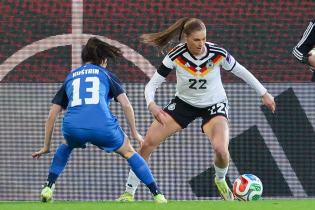 Zala Kustrin Slovenia and Jule Brand Germany battle for the ball, 2027 FIFA Women s World Cup Qualifier, Germany v Slovenia, Rudolf Harbig Stadion on 03 March 2026 in Dresden, Germany Photo by Marco Steinbrenner DeFodi Images Zala Kustrin Slovenia and Jule Brand Germany battle for the ball, 2027 FIFA Women s World Cup Qualifier, Germany v Slovenia, Rudolf Harbig Stadion, March 3, 2026 in Dresden, Germany Photo by Marco Steinbrenner DeFodi Images
