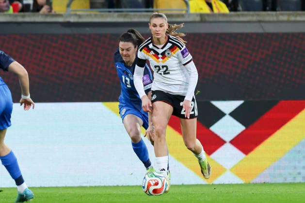 Zala Kustrin Slovenia and Jule Brand Germany battle for the ball, 2027 FIFA Women s World Cup Qualifier, Germany v Slovenia, Rudolf Harbig Stadion on 03 March 2026 in Dresden, Germany Photo by Marco Steinbrenner DeFodi Images Zala Kustrin Slovenia and Jule Brand Germany battle for the ball, 2027 FIFA Women s World Cup Qualifier, Germany v Slovenia, Rudolf Harbig Stadion, March 3, 2026 in Dresden, Germany Photo by Marco Steinbrenner DeFodi Images