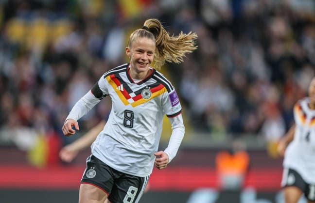 GER, Dresden, Germany vs Slovenia, international match, football, FIFA, 2026 2027 season, World Cup qualification, Rudolf Harbig Stadium, 1 matchday in picture Vivien Endemann Germany Women 8 , goal, jubilation and joy, emotions, Goal scored, emotions, Gol, Slovenija, veselje, 1 0 DFB DFL REGULATIONS PROHIBIT ANY USE OF PHOTOGRAPHS AS IMAGE SEQUENCES AND OR QUASI VIDEO, 03 03 2026 Copyright: HMBxMedia HendrikxHamelau