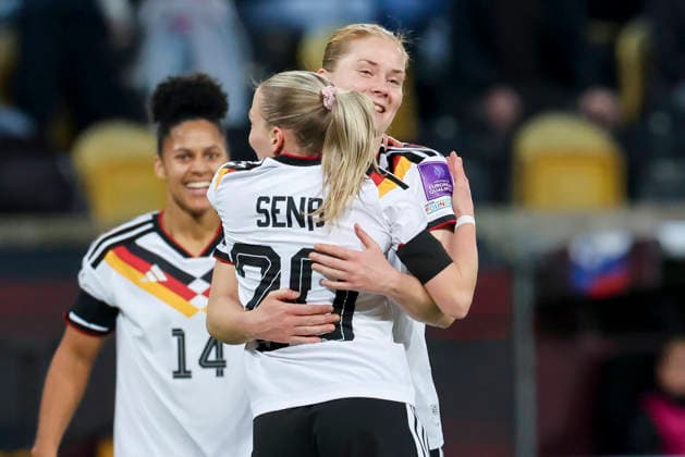 Elisa Senss Germany celebrates after scoring her teams second goal with Sjoeke Nuesken Germany , 2027 FIFA Women s World Cup Qualifier, Germany v Slovenia, Rudolf Harbig Stadion on 03 March 2026 in Dresden, Germany Photo by Marco Steinbrenner DeFodi Images Elisa Senss Germany celebrates after scoring her teams second goal with Sjoeke Nuesken Germany , 2027 FIFA Women s World Cup Qualifier, Germany v Slovenia, Rudolf Harbig Stadion, March 3, 2026 in Dresden, Germany Photo by Marco Steinbrenner DeFodi Images