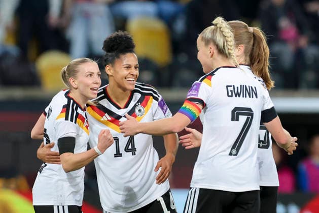 Elisa Senss Germany celebrates after scoring her teams second goal with Shekiera Martinez Germany , Giulia Gwinn Germany and Sjoeke Nuesken Germany , 2027 FIFA Women s World Cup Qualifier, Germany v Slovenia, Rudolf Harbig Stadion on 03 March 2026 in Dresden, Germany Photo by Marco Steinbrenner DeFodi Images Elisa Senss Germany celebrates after scoring her teams second goal with Shekiera Martinez Germany , Giulia Gwinn Germany and Sjoeke Nuesken Germany , 2027 FIFA Women s World Cup Qualifier, Germany v Slovenia, Rudolf Harbig Stadion, March 3, 2026 in Dresden, Germany Photo by Marco Steinbrenner DeFodi Images
