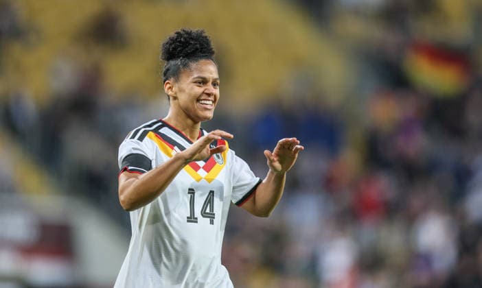 GER, Dresden, Germany vs Slovenia, international match, football, FIFA, 2026 2027 season, World Cup qualification, Rudolf Harbig Stadium, 1 matchday in picture Vivien Endemann Germany Women 8 , goal, jubilation and joy, Emotions, Goal scored, emotions, Gol, Slovenija, veselje, 1 0 , Shekiera Martinez Germany Women 14 DFB DFL REGULATIONS PROHIBIT ANY USE OF PHOTOGRAPHS AS IMAGE SEQUENCES AND OR QUASI VIDEO, 03 03 2026 Copyright: HMBxMedia HendrikxHamelau