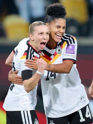 Elisa Senss Germany celebrates after scoring her teams second goal with Shekiera Martinez Germany , 2027 FIFA Women s World Cup Qualifier, Germany v Slovenia, Rudolf Harbig Stadion on 03 March 2026 in Dresden, Germany Photo by Marco Steinbrenner DeFodi Images Elisa Senss Germany celebrates after scoring her teams second goal with Shekiera Martinez Germany , 2027 FIFA Women s World Cup Qualifier, Germany v Slovenia, Rudolf Harbig Stadion, March 3, 2026 in Dresden, Germany Photo by Marco Steinbrenner DeFodi Images