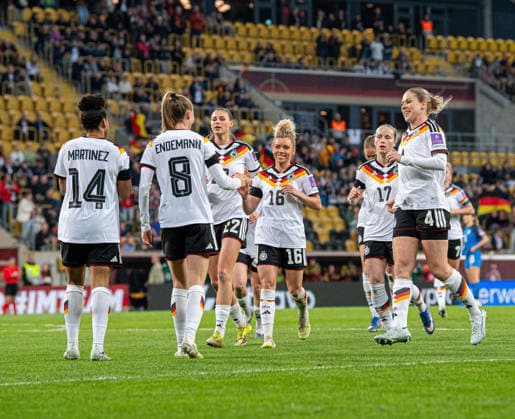 Soccer, Women, Season 2025 2026, World Cup Qualification in Dresden League A, Group 4 , Germany Slovenia, f l Shekiera Martinez Germany , Vivien Endemann Germany , Jule Brand Germany , Linda Dallmann Germany , Franziska Kett Germany , Rebecca Knaak Germany , Cheering after goal to 1 0, 03 03 2026, Copyright: xSebastianxRäppold MatthiasxKochx