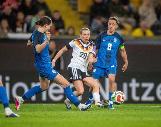 Soccer, Women, Season 2025 2026, World Cup Qualification in Dresden Liga A, Group 4 , Germany Slovenia, f l Sara Agrez Slovenia , Elisa Senß Germany , Mateja Zver Slovenia , 03 03 2026, Copyright: xSebastianxRäppold MatthiasxKochx