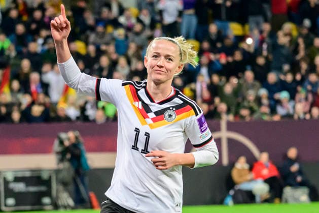 In the picture, from left celebreting the goal, joy, jubilation, cheering, Lea Schueller Germany , scorer, hit, goal, 5 0, GER, Dresden, World Cup Qualification, Women, Germany vs Slovenia, at Rudolf Harbig Stadium Dresden, League A, Group A4, soccer, DFB, league phase, match day 1, DFB DFL REGULATIONS PROHIBIT ANY USE OF PHOTOGRAPHS AS IMAGE SEQUENCES AND OR QUASI VIDEO, March 3, 2026 Copyright: HMBxMedia UwexKoch
