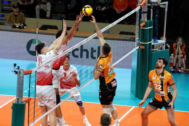 DEU, CEV Cup, BR Volleys vs Picenza Volleys, 04 03 2026, Max Schmeling Halle, Berlin, DEU, CEV Cup, BR Volleys vs Picenza Volleys, in the picture Moritz Reichert BR Volleys 15 , Florian Krage Brewitz BR Volleys 12 , Iyegbekedo Daniel Piacenza 21 , Bovolenta Alberto Piacenza 23 nordphotoxGmbHx xEngler nph00076