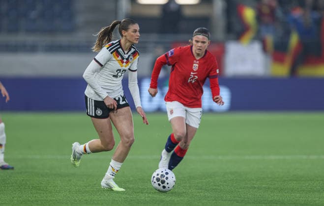 NOR, Stavanger, Norway vs Germany, International match, Football, FIFA, 2026 2027 season, World Cup Qualification, Viking Stadion, 2 Matchday in picture f l Jule Brand Germany Women 22 , Signe Gaupset Norway Women 22 DFB DFL REGULATIONS PROHIBIT ANY USE OF PHOTOGRAPHS AS IMAGE SEQUENCES AND OR QUASI VIDEO, 07 03 2026 Copyright: HMBxMedia HendrikxHamelau