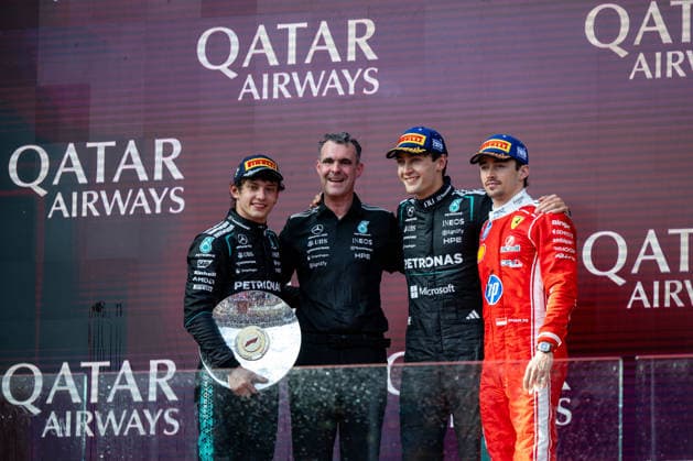 Andrea Kimi Antonelli Mercedes AMG Petronas F1 Team, Italy, 12 , Hywel Thomas Mercedes High Performance Powertrains , George Russell Mercedes AMG Petronas F1 Team, Great Britain, 63 , Charles Leclerc Scuderia Ferrari HP, Monaco, 16 on the podium at the podium ceremony, AUS, Formula 1 World Championship, Australian Grand Prix, Albert Park Circuit, Melbourne, Race, 2026 season, 08 03 2026 AUS, Formula 1 World Championship, Australian Grand Prix, Albert Park Circuit, Melbourne, Race, 2026 season, 08 03 2026 Melbourne Copyright: xEibner-Pressefoto Memmlerx EP_MMR