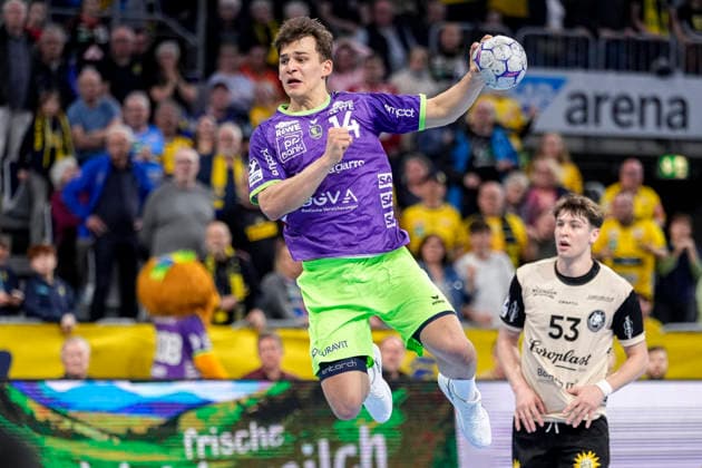 Scorer Gino Steenaerts RNL, 14 , scores the goal to 28 25, final score, goal, goal success, highlight, on jump shot, throw, goal throw, action, action scene, 08 03 2026, Mannheim Germany , Handball, Bundesliga, Rhein Neckar Löwen Bergischer HC xozx