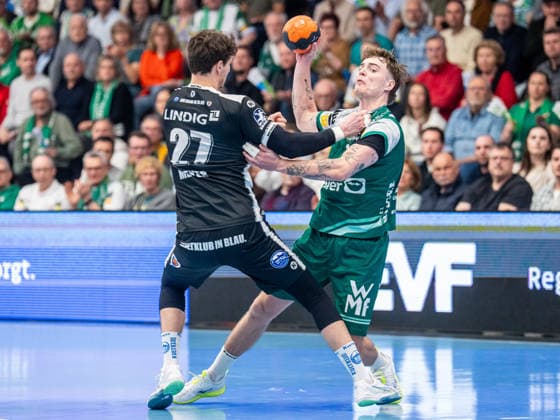 Victor Kloeve Frisch Auf Goeppingen, 07 in duel with Philipp Meyer ThSV Eisenach, 27 , Frisch Auf Goeppingen vs ThSV Eisenach, Handball, 1 Bundesliga, Men, Season 2025 2026, 09 03 2026, Frisch Auf Goeppingen vs ThSV Eisenach, Handball, 1 Bundesliga, Men, Season 2025 2026, 09 03 2026 Goeppingen Copyright: xEibner-Pressefoto MichaelxSchmidx EP_MST