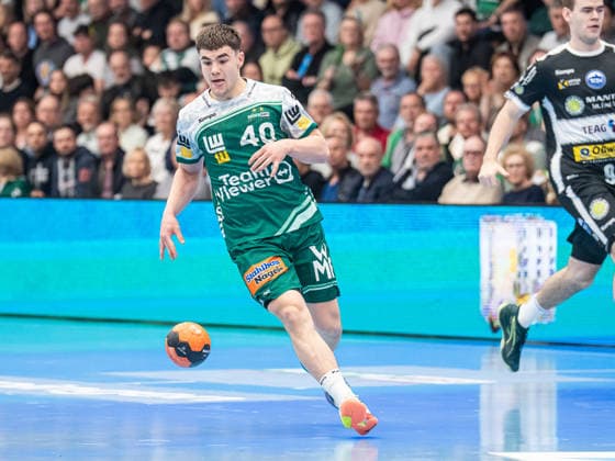 Elias Newel Frisch Auf Goeppingen, 40 on the ball, Frisch Auf Goeppingen vs ThSV Eisenach, Handball, 1 Bundesliga, Men, Season 2025 2026, 09 03 2026, Frisch Auf Goeppingen vs ThSV Eisenach, Handball, 1 Bundesliga, Men, Season 2025 2026, 09 03 2026 Goeppingen Copyright: xEibner-Pressefoto MichaelxSchmidx EP_MST