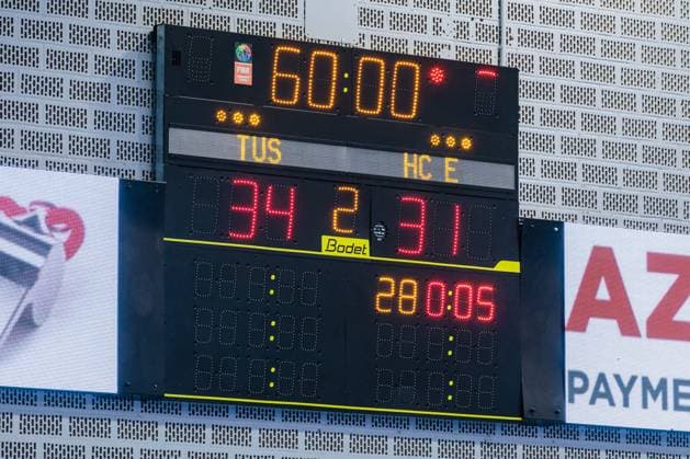 Final score on the scoreboard at Merkur Arena GER, TuS N Luebbecke vs HC Elbflorenz 2006, Handball, 2 Bundesliga, Matchday 23, Season 2025 2026, 09 03 2026 GER, TuS N Luebbecke vs HC Elbflorenz 2006, Handball, 2 Bundesliga, Matchday 23, Season 2025 2026, 09 03 2026 Luebbecke Copyright: xEibner-Pressefoto JanxRollingerx EP_JSK