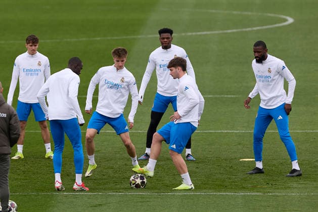March 10, 2026, Madrid, Spain: (From L to R) Thiago Pitarch of Real Madrid CF, Ferland Mendy of Real Madrid CF, Cesar Palacios of Real Madrid CF, Aurelien Tchouameni of Real Madrid CF, Jorge Cestero of Real Madrid CF and Antonio Rudiger of Real Madrid CF seen in action during the training session at Ciudad Real Madrid, on the eve of the UEFA Champions League 2025 2026 Round of 16 first leg football match between Real Madrid CF and Manchester City. Real Madrid CF Training Session And press conference, PK, Pressekonferenz In Spain - 10 Mar 2026 - ZUMAs197 20260310_aaa_s197_037 Copyright: xFedericoxTitonex
