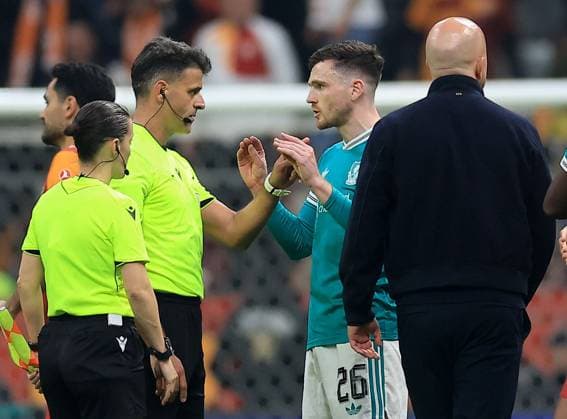 Andrew Robertson of Liverpool reacts towards referee Jesus Gil Manzano Galatasaray v Liverpool, UEFA Champions League, Round of 16, First Leg, Football, RAMS Park, Istanbul, Turkiye - 10 Mar 2026Istanbul RAMS Park Turkey EDITORIAL USE ONLY No use with unauthorised audio, video, data, fixture lists, club league logos or live services. Online in-match use limited to 120 images, no video emulation. No use in betting, games or single club league player publications. Copyright: xGeorgexTewkesbury Shutterstockx 16740258cs