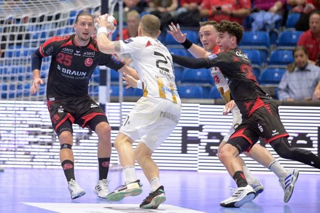 Marek Marciniak HC Vardar 21 on the ball , Olle Forsell Schefvert MT Melsungen 25 L , Marti Soler MT Melsungen 23 R , Wiktor Jankowski HC Vardar 78 , GER, MT Melsungen HC Vardar 1961 PRO Skopje MKD , Handball, EHF European League Men, Main Round, Season 2025 2026, 10 03 2026, GER, MT Melsungen HC Vardar Skopje, Handball, EHF Men, Main Round, Season 2025 2026, 10 03 2026 Kassel Copyright: xEibner-Pressefotox xRolandxSippelx EP_RSL