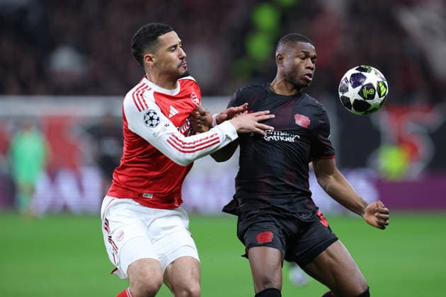 GER, UEFA CL, Round of 16, Bayer 04 Leverkusen GER vs FC Arsenal ENG , 11 03 2026, BayArena, Leverkusen, GER, UEFA CL, Round of 16, Bayer 04 Leverkusen GER vs FC Arsenal ENG , , in the picture Christian Kofane Leverkusen 35 , in a duel against William Saliba FC Arsenal 2 , nordphotoxGmbHx xMeuter nph00351