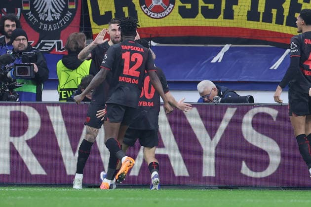 GER, UEFA CL, Round of 16, Bayer 04 Leverkusen GER vs FC Arsenal ENG , 11 03 2026, BayArena, Leverkusen, GER, UEFA CL, Round of 16, Bayer 04 Leverkusen GER vs FC Arsenal ENG , , pictured 1 0 for Leverkusen by Robert Andrich Leverkusen 8 , goal celebration, Edmond Tapsobsa Leverkusen 12 , Ibrahim Maza Leverkusen 30 , nordphotoxGmbHx xMeuter nph00351