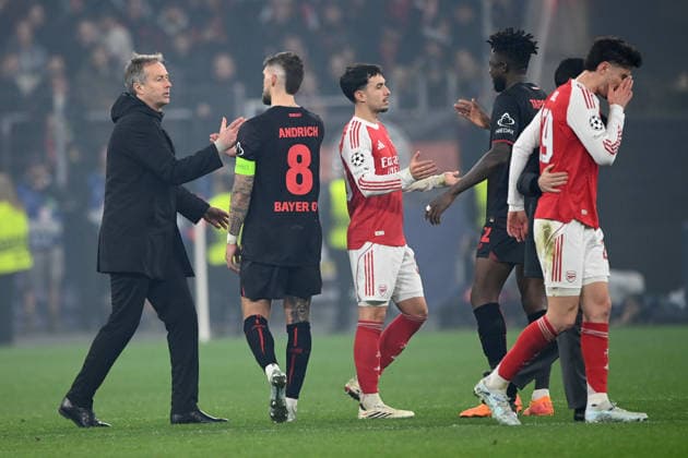 restrained final cheer, cheering, jubilation, enthusiasm, joy, emotion coach Kasper HJULMAND LEV , Robert ANDRICH LEV , Martin ZUBIMENDI Arsenal , Edmond TAPSOBA LEV and Kai HAVERTZ football Champions League, round of 16, Bayer 04 Leverkusen LEV FC Arsenal London ARS 1 1 on 11 03 2026 in Leverkusen Germany UEFA regulations prohibit any use of photographs as image sequences and or quasi video Â