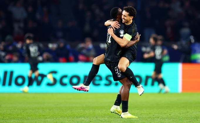 Marquinhos and William Pacho of Paris Saint-Germain celebrate after Khvicha Kvaratskhelia of Paris Saint-Germain scores their sides fifth goal. Paris Saint-Germain v Chelsea, UEFA Champions League, Round of 16, First Leg, Football, Parc des Princes, Paris, France - 11 Mar 2026Paris Parc des Princes France EDITORIAL USE ONLY No use with unauthorised audio, video, data, fixture lists, club league logos or live services. Online in-match use limited to 120 images, no video emulation. No use in betting, games or single club league player publications. Copyright: xJamesxMarsh Shutterstockx 16746728dp