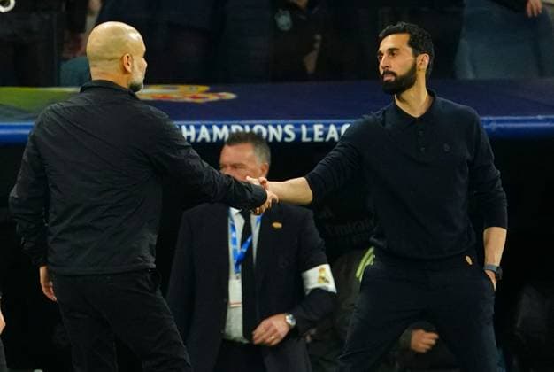 Manchester City Manager Pep Guardiola and Real Madrid Manager Alvaro Arbeloa shake hands at full time Real Madrid v Manchester City, UEFA Champions League, Round of 16, First Leg, Football, Bernabeu, Madrid, Spain - 11 Mar 2026Madrid Bernabeu Spain EDITORIAL USE ONLY No use with unauthorised audio, video, data, fixture lists, club league logos or live services. Online in-match use limited to 120 images, no video emulation. No use in betting, games or single club league player publications. Copyright: xJavierxGarcia Shutterstockx 16746741ez