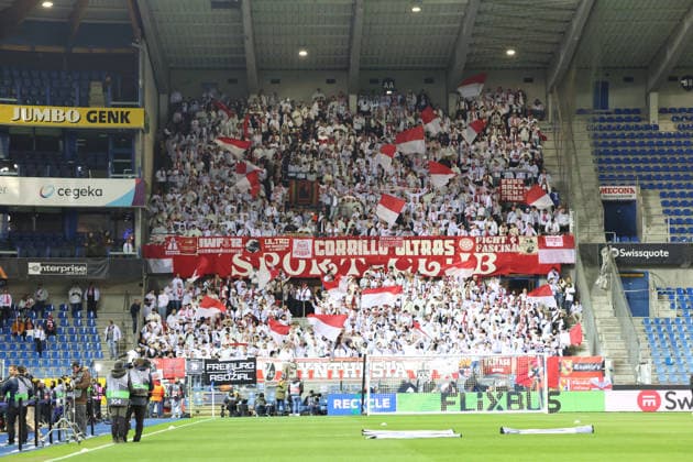12 03 2026, xrekx, Football UEFA Europa League, KRC Genk SC Freiburg v l SC Freiburg Fans ,Atmosphere, Scarves, Ultras, Spectators, Visitors, Choreo, Choreography, atmosphere, scarves, spectators, visitors DFL DFB REGULATIONS PROHIBIT ANY USE OF PHOTOGRAPHS as IMAGE SEQUENCES and or QUASI VIDEO Genk